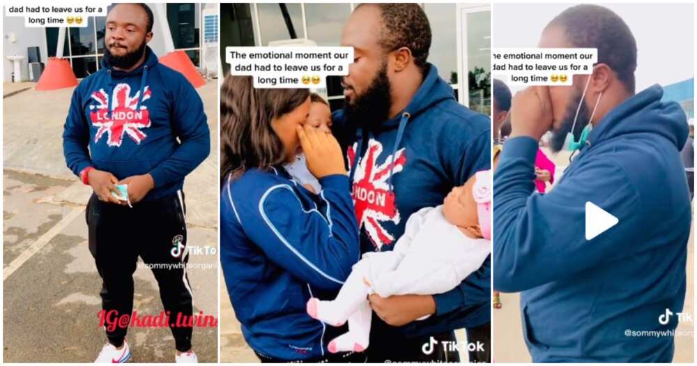 Man fights back tears, Nigerian man, wife and twins, airport