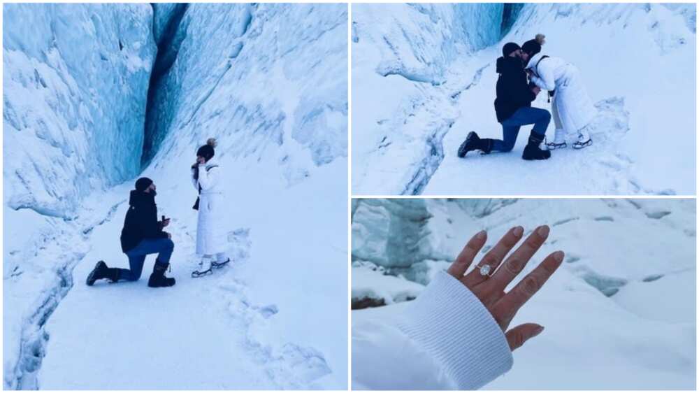 Man takes lady to glacier, proposes to her among snows