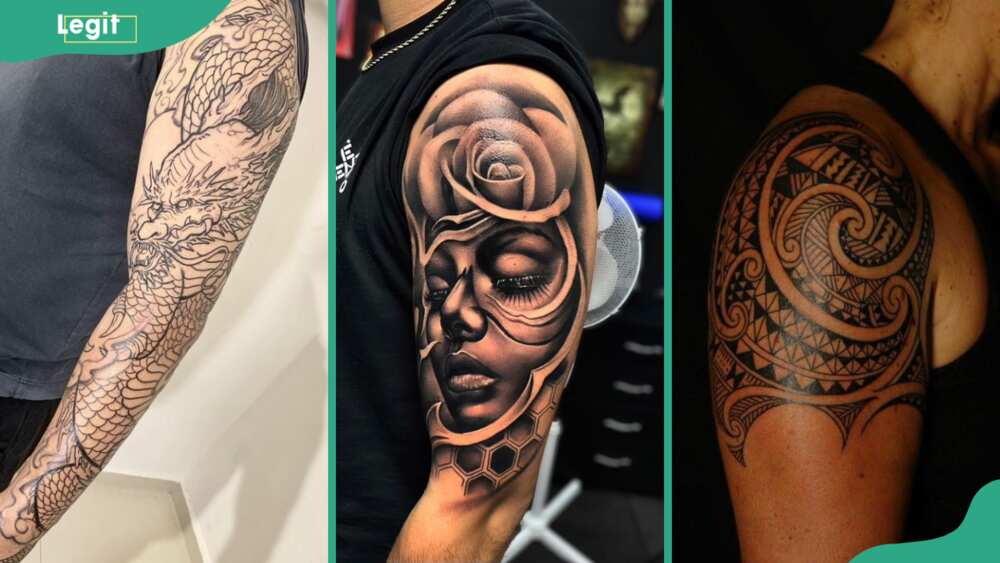 Dragon (L), 3D (C), and half-sleeve (R) tattoos