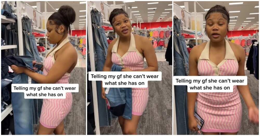 Photos of a black lady in a store as she is pranked by her man because of her dress.