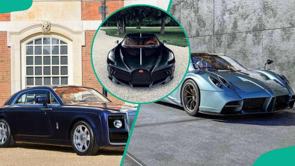 Some of the most expensive car models: (L-R) Rolls-Royce Sweptail, Bugatti La Voiture Noire, and Pagani Huayra Coda Lunga