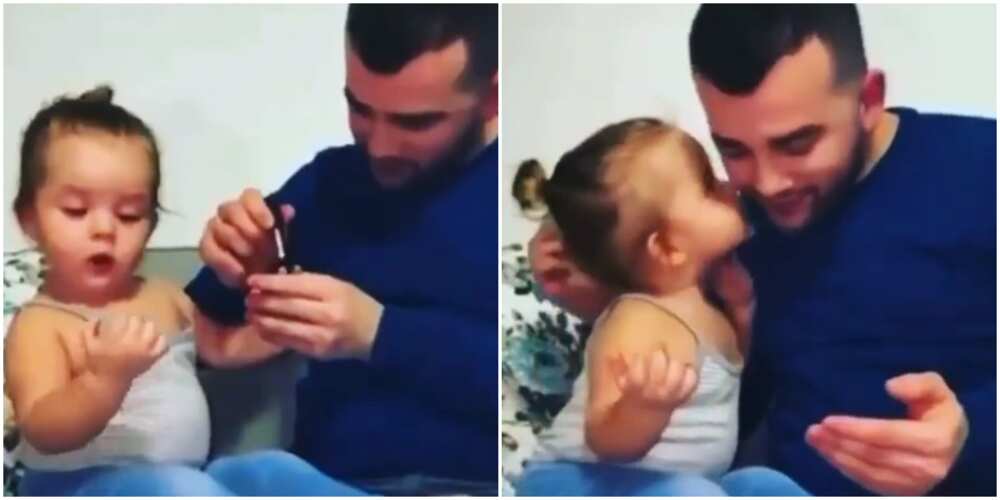 Cute Moment Little Girl Pecked her Dad after he Painted her Nails, Their Video Make Many Emotional