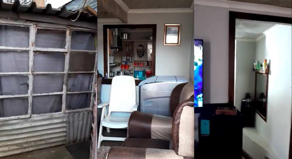 Photos showing a container house that looks dirty outside but neat inside.