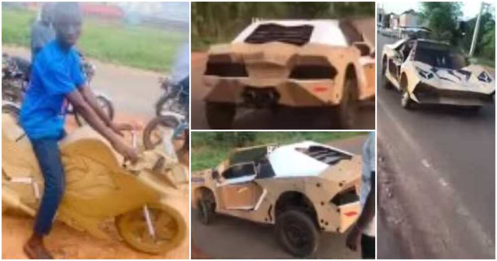 Talented Nigerian boy, sports car using cartons, Auchi, Edo, drives it