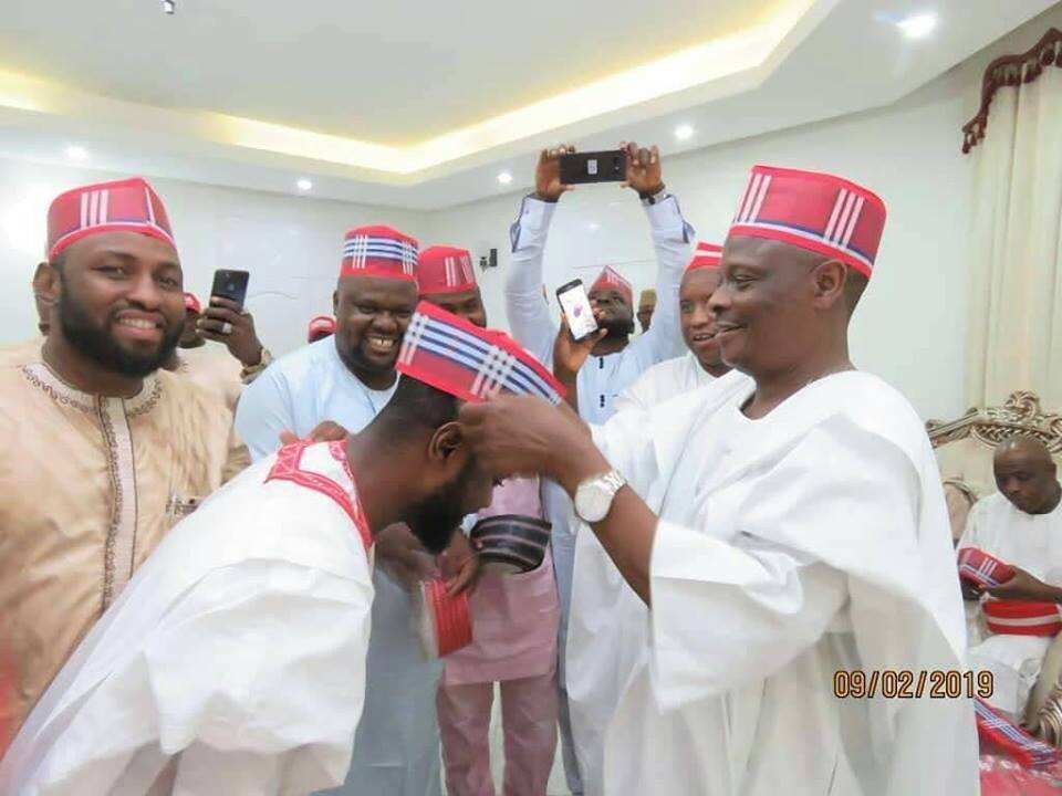 Former Kano Governor, Rabiu Kwankwanso with a cross section of Kannywood actors | Image Credit: Legit NG