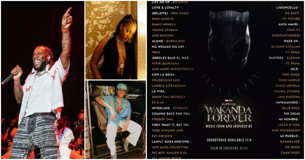 Photos of Burna Boy, Tems, Fireboy DML and Wakanda Forever tracklist