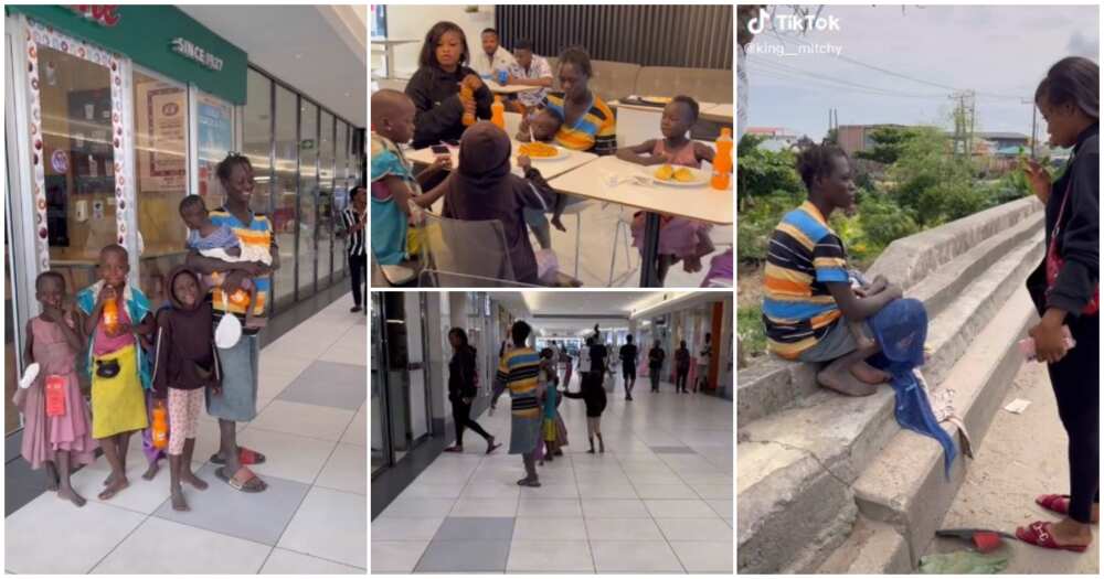 Nigerian lady, beggar with kids, food outing, kindness stories, lady takes beggar and kids on an outing