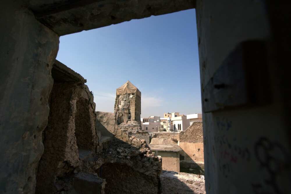 Mosul's Al-Nuri mosque, which the Islamic State group is accused of damaging, seen on February 23, 2022