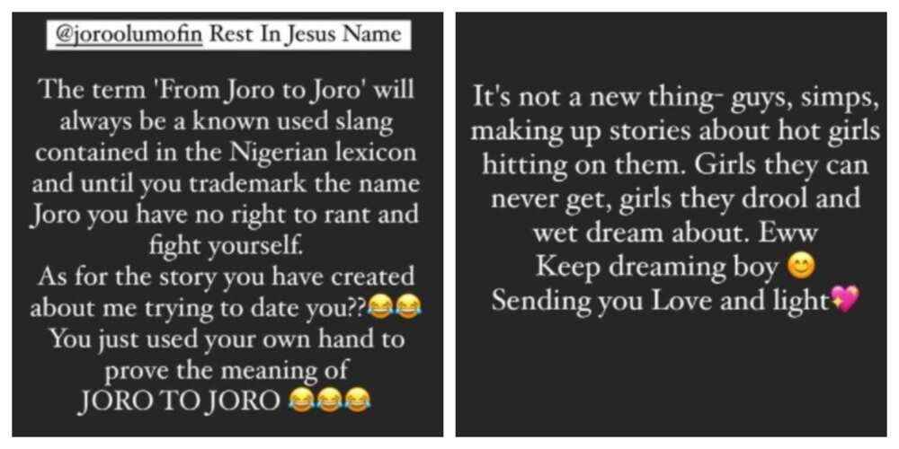 Screenshots of Etinosa's message to Joro.