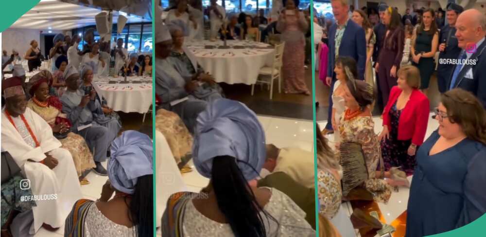 White groom and his family struggle to greet Yoruba in-laws in Yoruba
