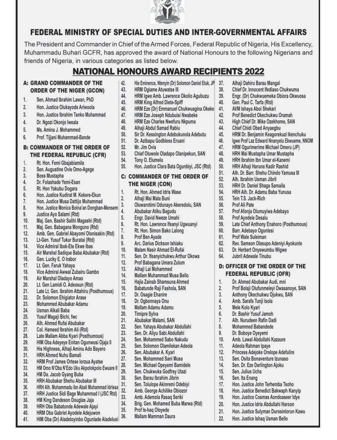 Nigerians/2022 National Honours Award/President Buhari