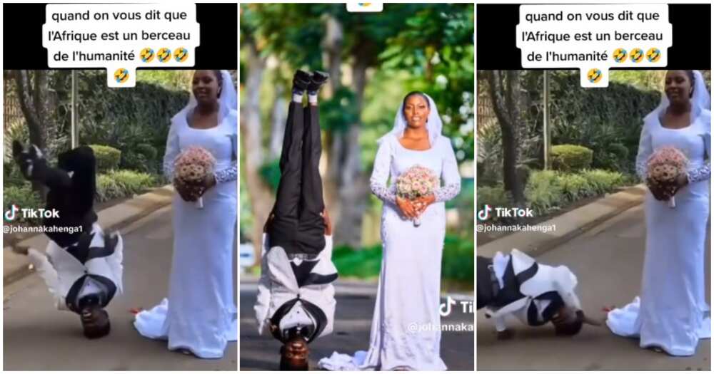 Groom, bride, photoshoot, stand on his head