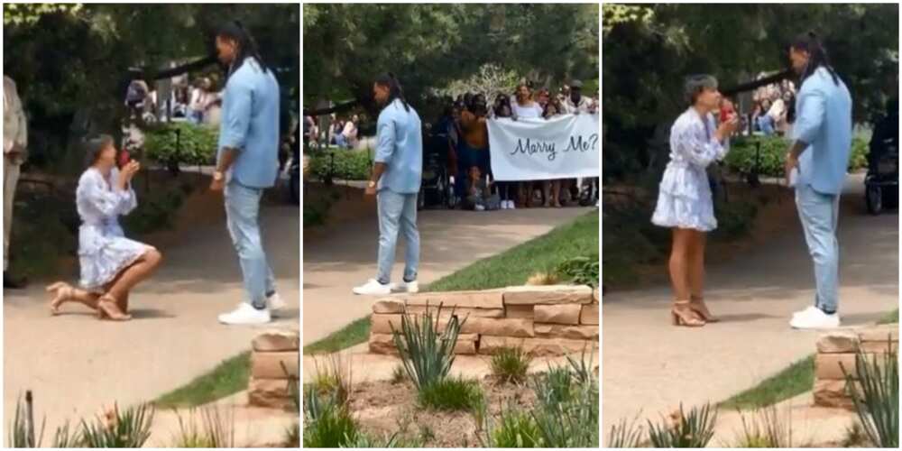 Lady Makes Bold Move As She Goes Down on One Knee to Propose Marriage to Her Man Publicly, Stirs Reactions