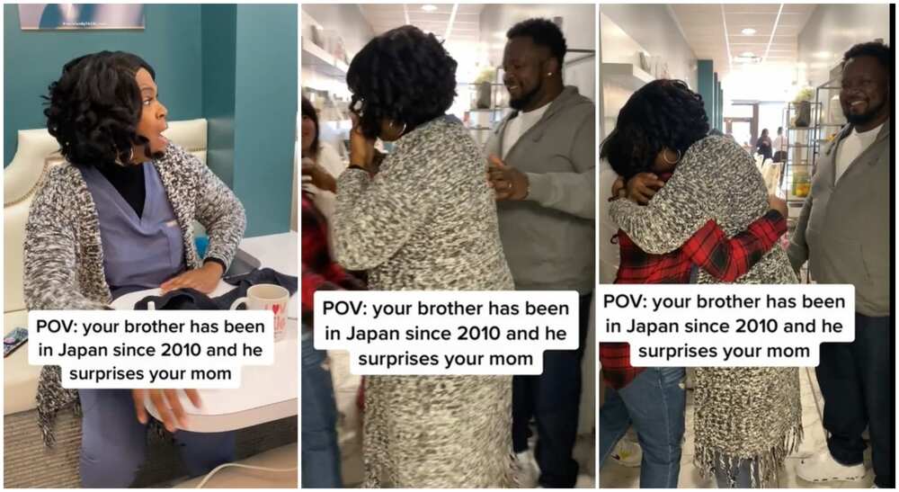 Photos of a mum hugging her son who just returned Japan.