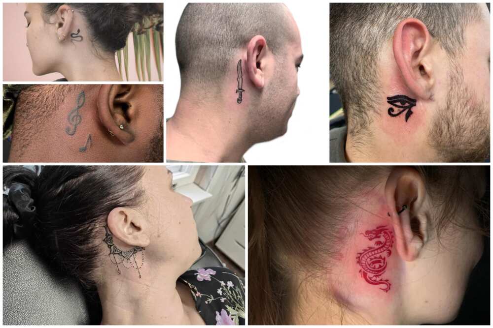 cross and heart tattoo behind ear