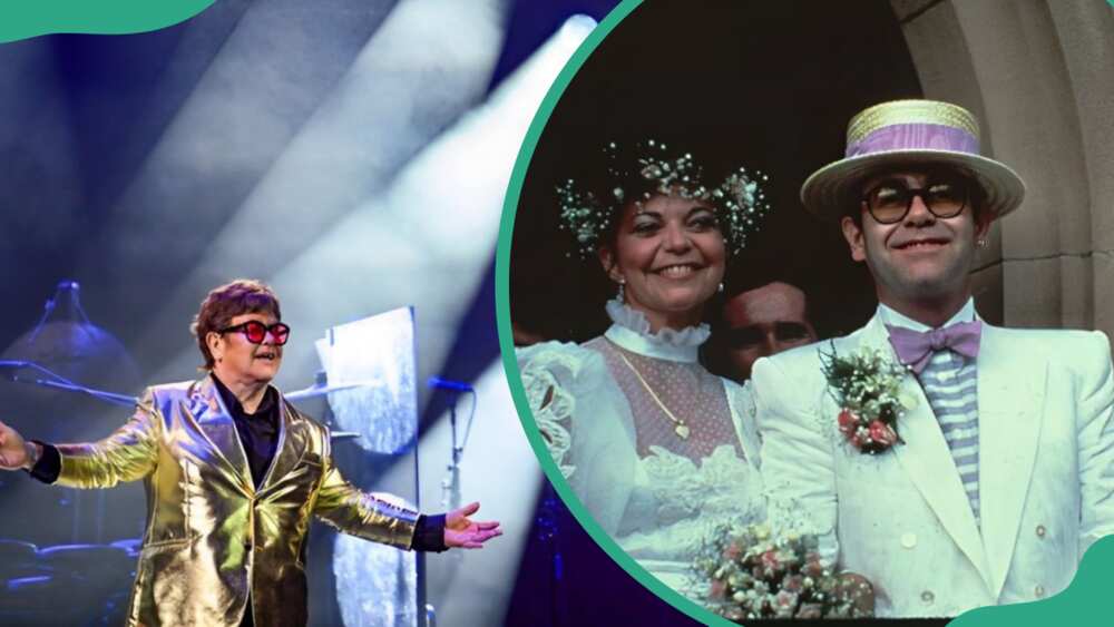 Sir Elton John performing on stage (L). Renate Blauel and her ex-husband during their wedding (R)