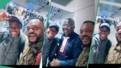 Odunlade Adekola and Mr Latin burst out in excitement as they meet Asisat Oshoala at the airport