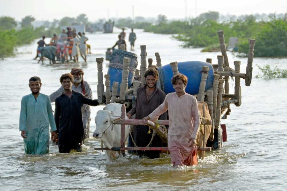 Pakistani villagers try to reach higher ground to escape flooding in Jaffarabad, Sindh province