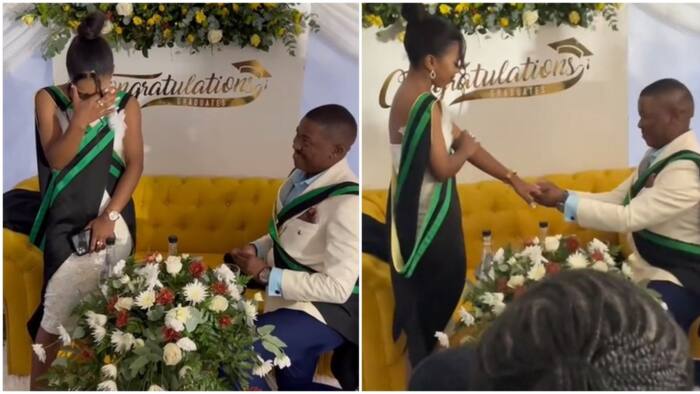 Double celebration as pretty lady says yes to her boyfriend as they both graduate from school on the same day