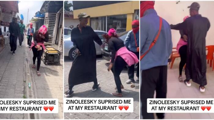 "See person serious girlfriend": Young lady starstruck as Zinoleesky shows up at her restaurant in video