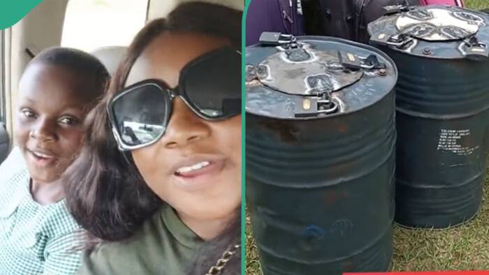 Nigerian mum takes her kids to boarding school, uses iron drums to lock their provisions and food