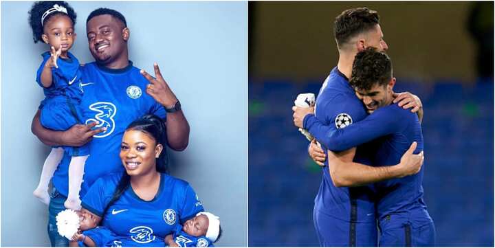 Nigerian man shows off his lovely family putting on Chelsea jersey including his newly born twin daughters