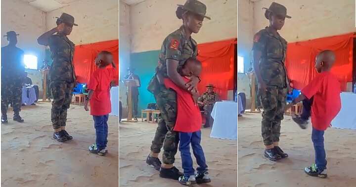 Little boy salutes soldier mum