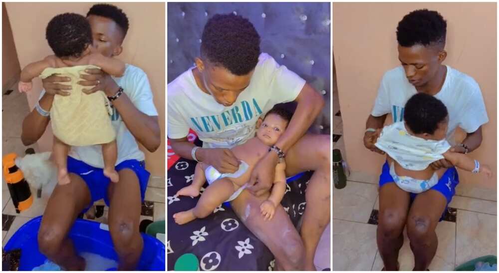Photos of a dad bathing his baby and changing diappers.