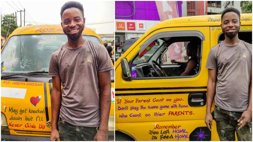 Man makes his danfo buses a 'mobile classroom' writes inspirational quotes all over the body