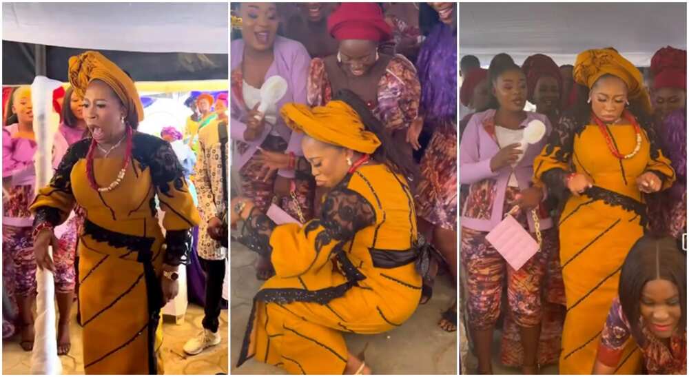 Beautifully dressed bride in mustard dress uses great dance like Kora Obidi to entertain her guests.