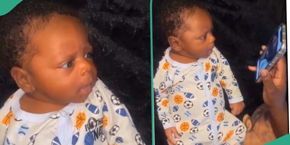 Mother shares a video of baby's reaction after seeing a video of him crying.