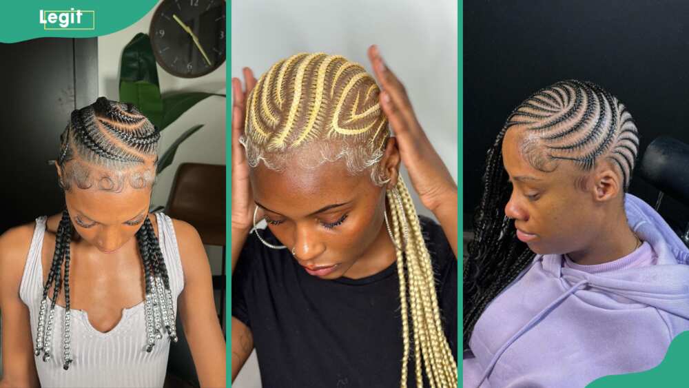 From (L-R) Stitched braids with beads, blonde stitched hair and lemonade stitched style