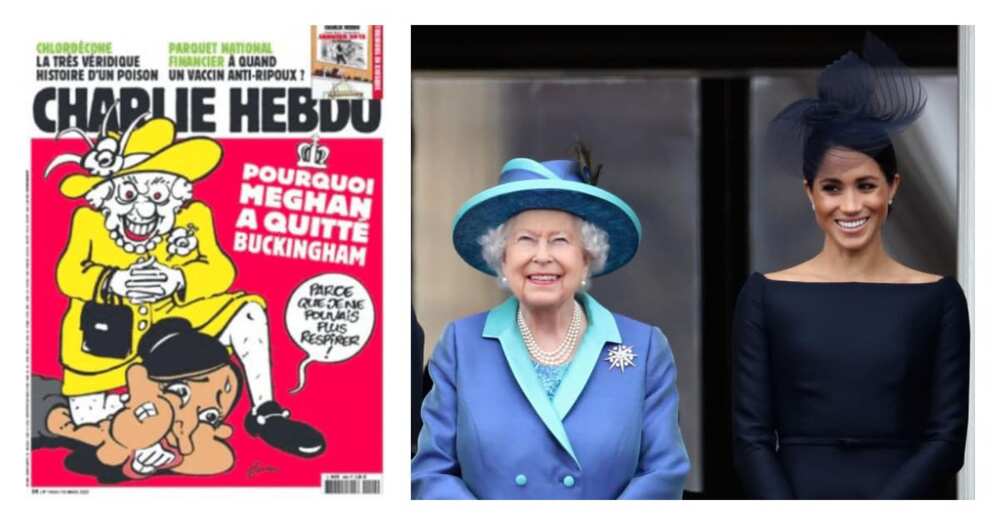 Outrage over Charlie Hebdo's Cartoon showing Queen Kneeling on Meghan's Neck