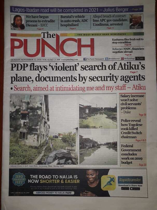 The Punch newspaper for Monday, November 12, 2018, Photo credit: snapshot from Legit.ng