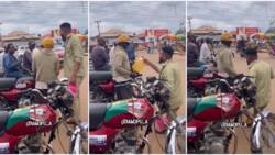 "Baba dey fear": Bike man confused as young man kneels in public, offers him gallon of fuel in video