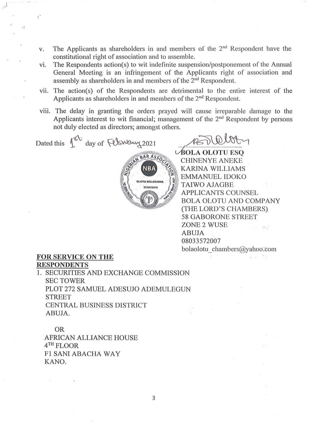 Oando shareholders have taken SEC to court to challenge penalties against Oando in May 31st letter