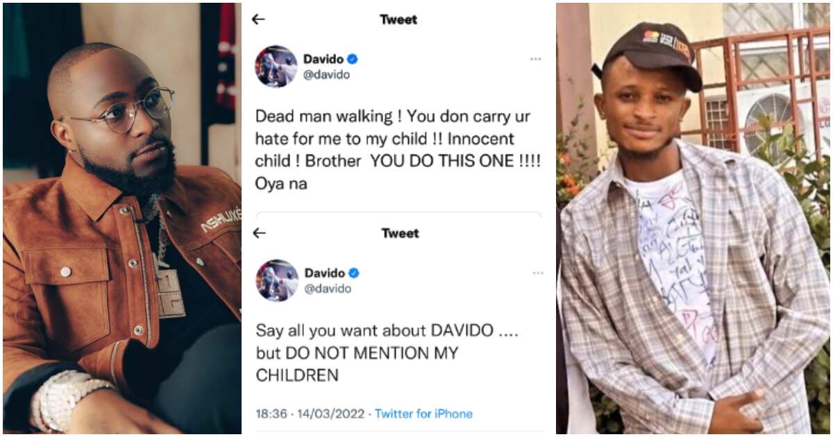 Davido blows hot after troll called Ifeanyi Peruzzi's son, singer calls him a dead man walking, fans react