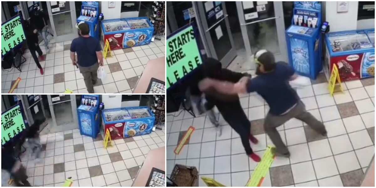 US marine veteran singlehandedly disarms armed robber who tried to rob a gas station in video, others fled