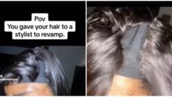 Lady pays salon for wig revamp, hairpiece returns missing bundles, netizens react: "Never again"