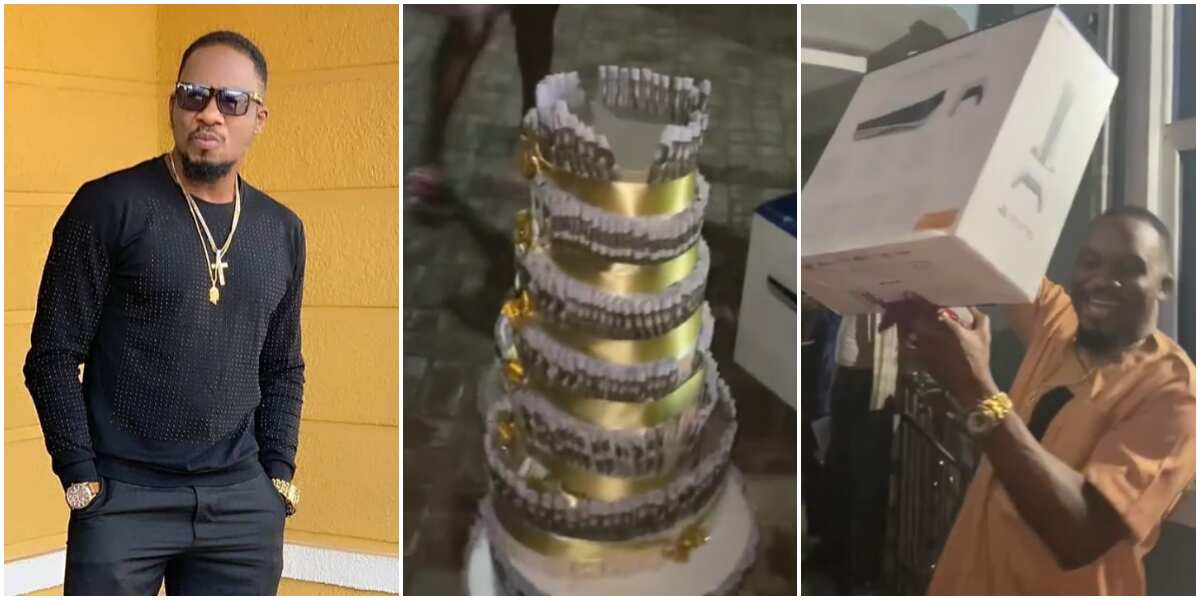 Jnr Pope's birthday: Wife surprises actor on movie set with N1 million money cake, PS5, other expensive gifts