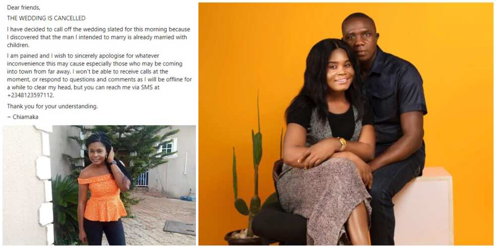 Nigerian lady pens painful note as she cancels wedding wedding after finding out that her man has wife and kids