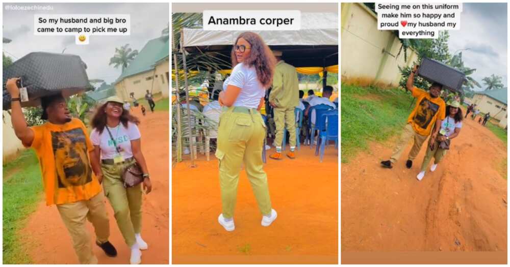 Anambra corper, NYSC POP, man carries wife's bag on head, man storms NYSC camp