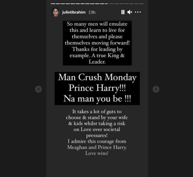 Actress Juliet Ibrahim makes Prince Harry her man crush for standing by Megan Markle