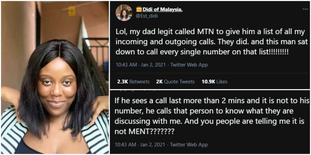 Nigerian lady says her father keeps tabs on all her calls