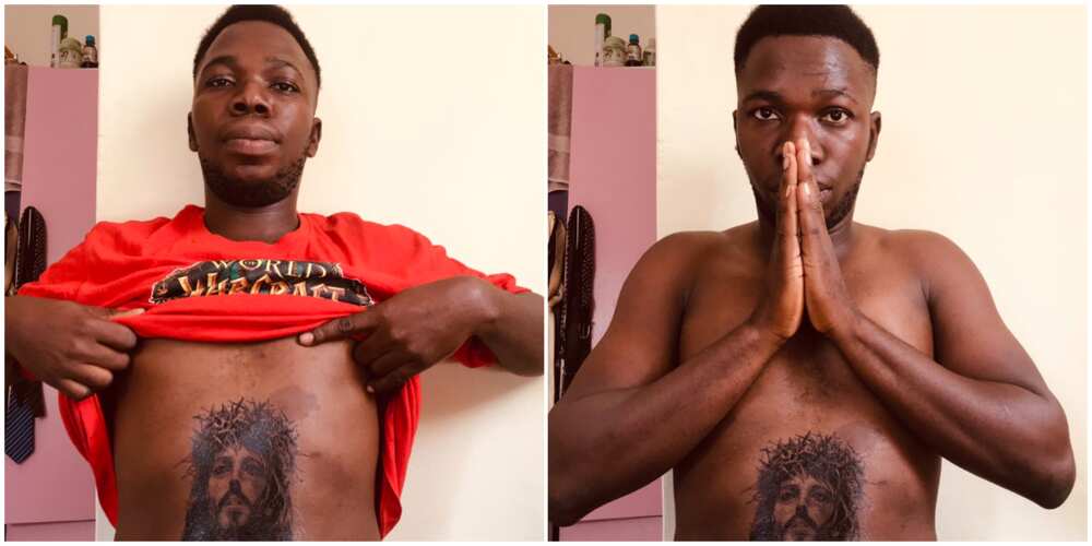 Reactions as young man tattoos Jesus Christ on his stomach, shares photos