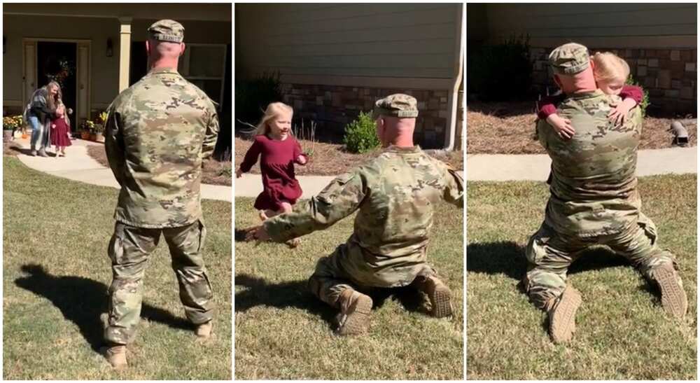 Photos of military dad hugging his daughter on return from duty.