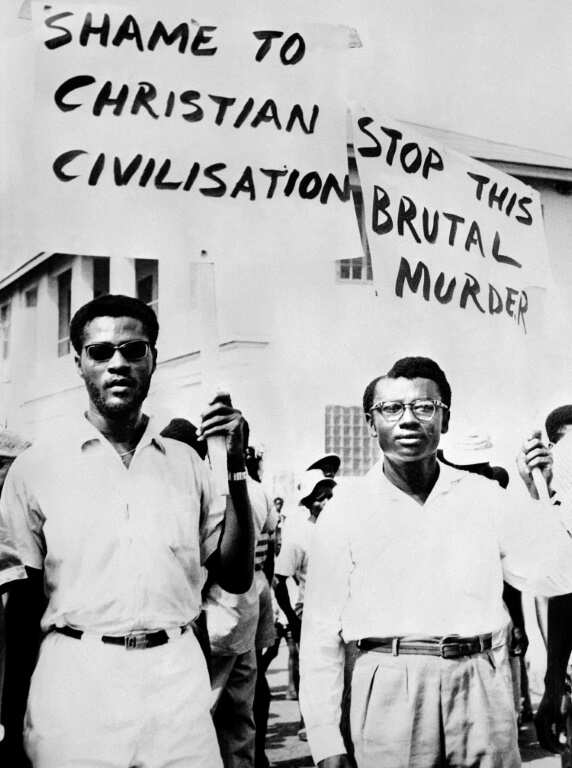 Demonstrators in Johannesburg after the 1960 Sharpeville Massacre, when 69 black anti-apartheid protestors were shot dead by police