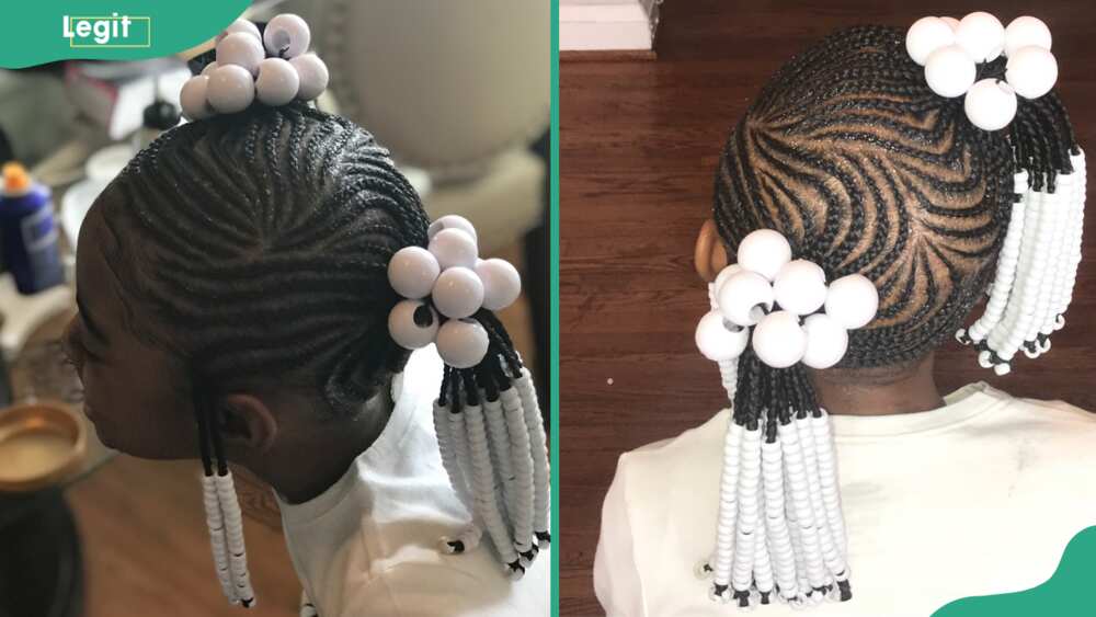 Hairstyle decorated with white beads
