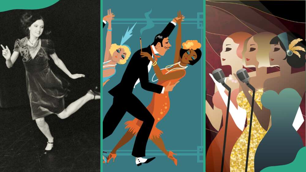 Woman in vintage engaged in the Charleston dance (C), art illustration of retro dance party, and jazz singers sing into microphones (L)