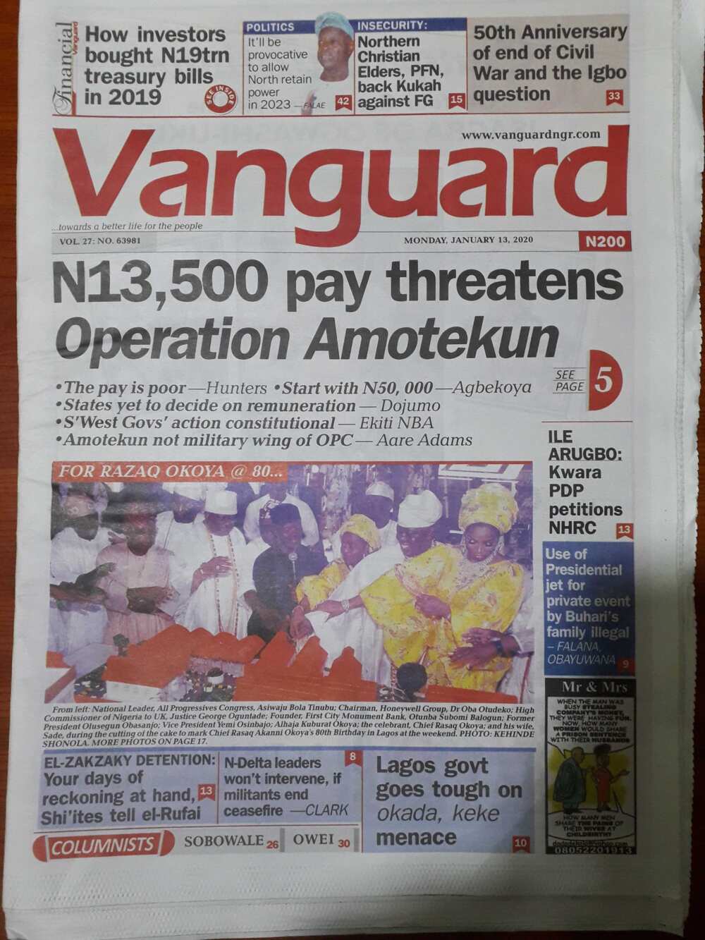 Newspapers review for January 13: Amotekun trigers criticism among norhtern youths
